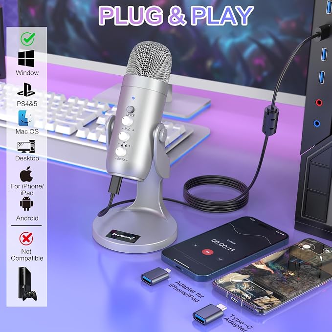 ZealSound USB Microphone,Condenser Computer PC Mic,Plug&Play Gaming Microphones for PS 4&5.Headphone Output&Volume Control,Mic Gain Control,Mute Button Vocal,YouTube Podcast on Mac&Windows(Silver)
