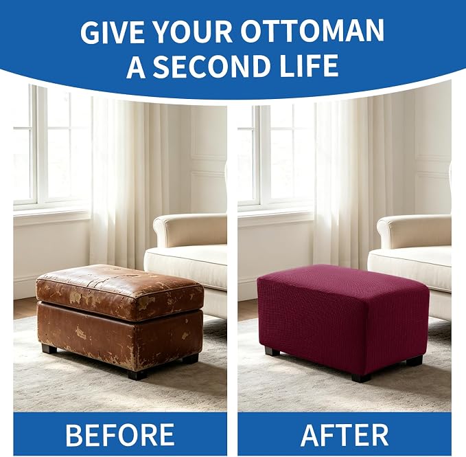 Ottoman Covers Ottoman Slipcovers Folding Storage Stool Washable Furniture Protector,Elastic Foot Stool Foot Rest Protector for Living Room Bedroom,X-Large,Wine Red