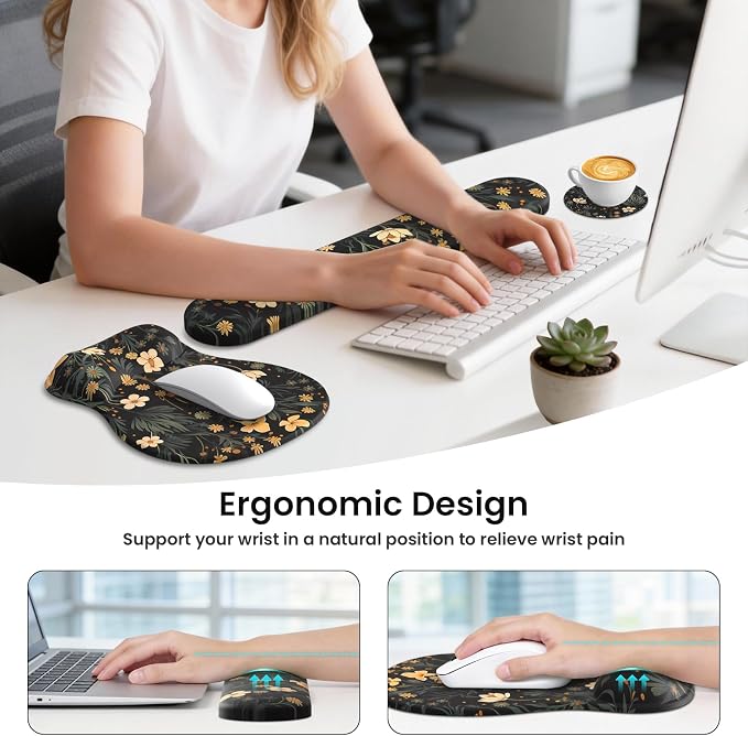 AKIT Ergonomic Mouse Pad and Keyboard Wrist Rest, 3-in-1 Memory Foam Wrist Rest for Computer Keyboard, Non-Slip Base, Pain Relief, Gel Mousepad Set for Gaming, Home and Office, Flower Black