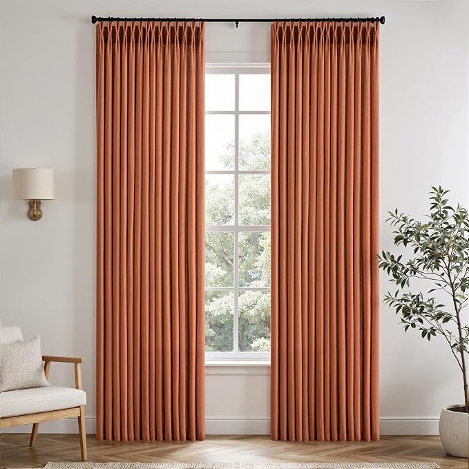 Memory Trained Pinch Pleated Curtains 96 Inches Long, Viral Linen Pinch Pleat Sheer Curtains with Ring Hooks&Clips for Track System Living Room,Terracotta Light Filtering Privacy Curtain 2 Panel Set