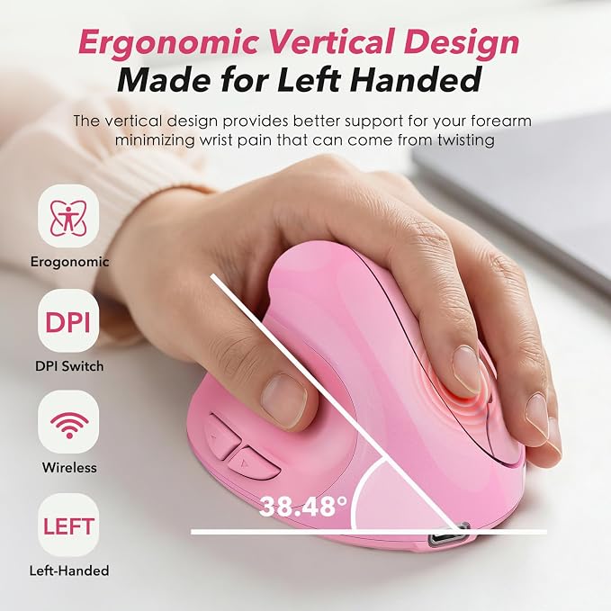 Left Handed Ergonomic Mouse Jiggler,Vertical Wireless & Rechargeable,2.4G USB Carpal Tunnel Lefty Mice with Undetectable Random Movement Keeps PC Laptop Awake-Pink