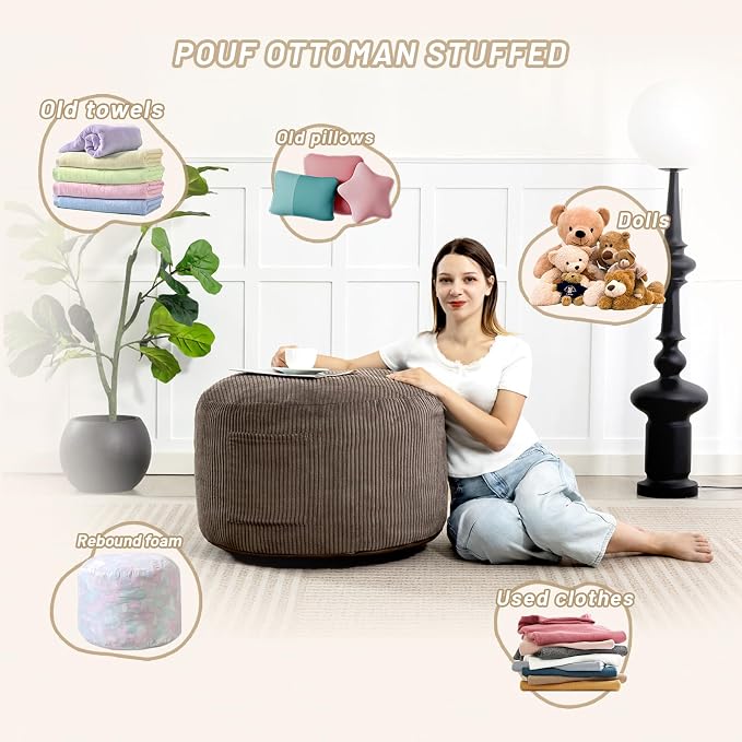 Round Stuffed Pouf Ottoman,Corduroy Foot Rest with Rebound Foam Filled, Furry and Fluffy Foot Stool Ottoman, Floor Poufs for Living Room (Brown, 26" D x 26" W x 18" H)
