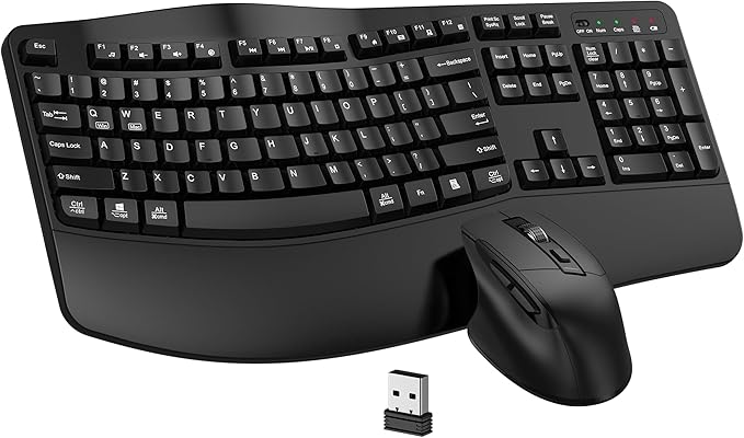 Wireless Keyboard and Mouse Combo, EDJO 2.4G Full-Sized Wave Keys Ergonomic Keyboard and Wireless Optical Mouse, Energy-Saving Wireless Mouse Keyboard for Computer, Mac, Laptop, PC, Windows(Black)