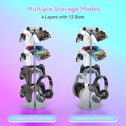 4 Tiers 360 Degree Rotatable Game Controller Stand for PS5 Xbox Nintendo Switch PS4, Aluminum Alloy Headset Controller Holder for Desk, Universal Gaming Headphone Stand Organizer Rack, Grey