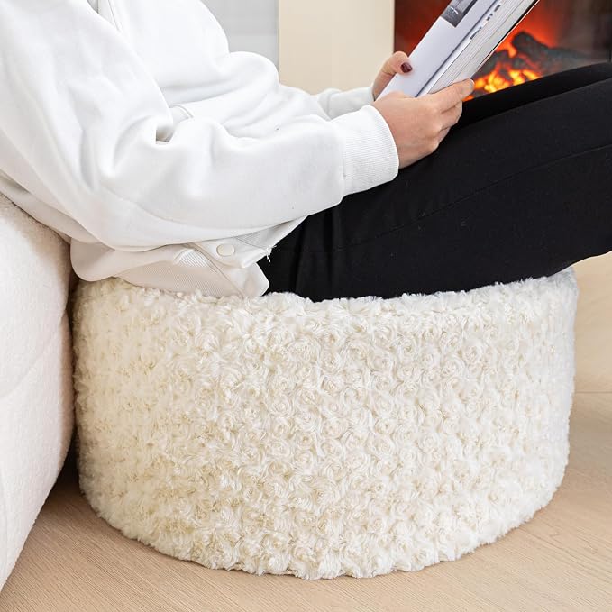 Poofieotto Unstuffed Pouf Ottoman Cover Handmade Footstool Ottoman Storage Solution Floor Pouf Footrest Cushion 20x12 Inches for Living Room Wedding Ivory