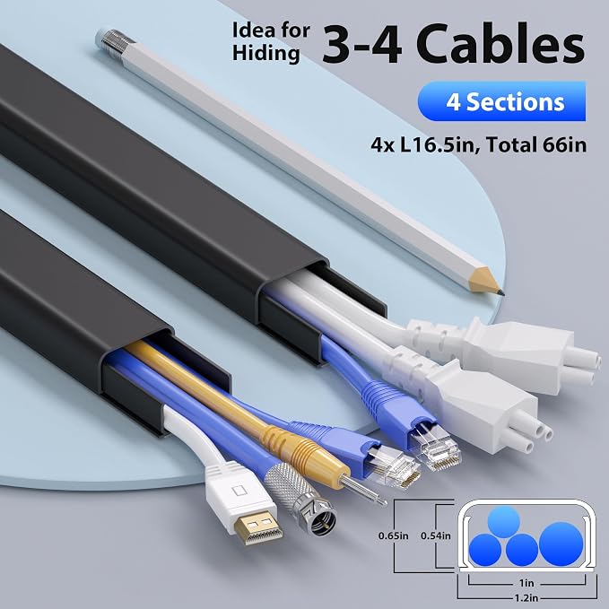 66in (4X L16.5in) Large Wire Hiders for TV on Wall for 3-4 Cords - ZhiYo PVC Cable Cover Kit with Pre-Applied Adhesive Tape, Ideal for Wall Mounted TVs Home Office, W1.2in x H0.7in Black