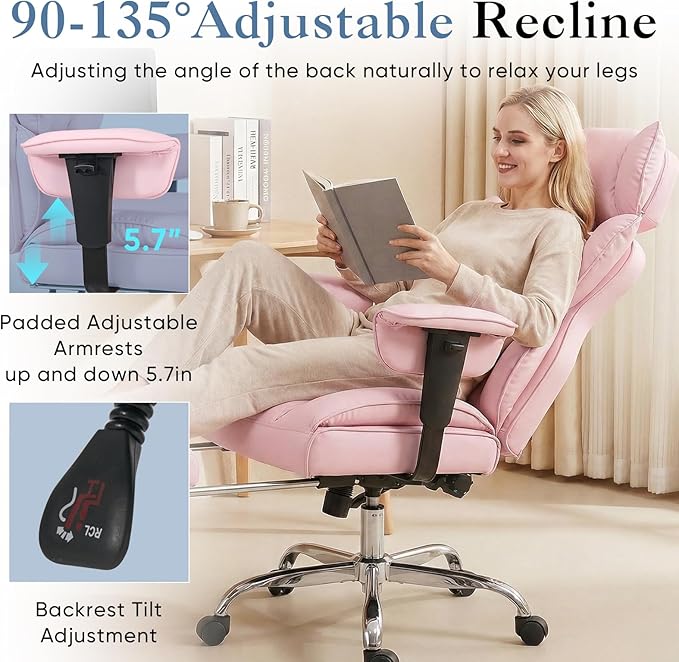 DUMOS Big and Tall Home Office Desk Chair, Gaming Computer Chair, Executive Ergonomic Chair with Footrest, High Back Reclining, Adjustable Armrests and Comfy Lumbar Support, PU Leather, Pink