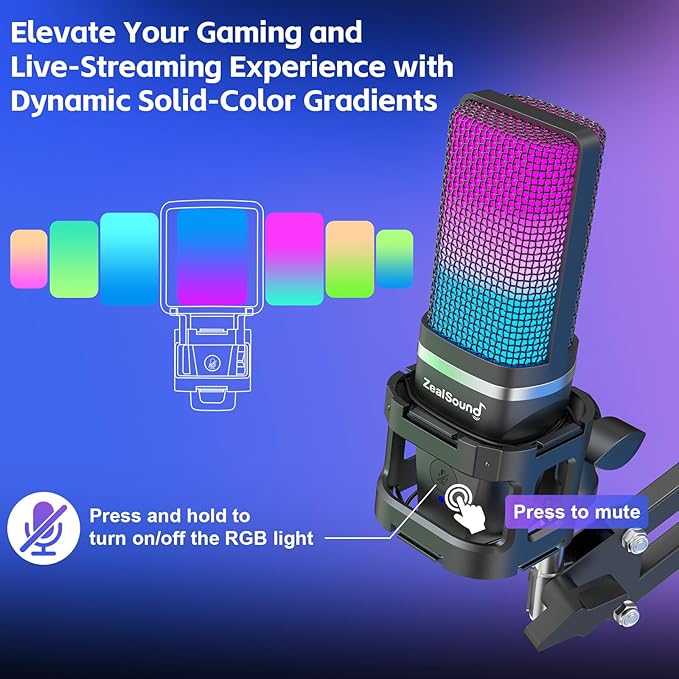 ZealSound Podcast Microphone, USB Mic with Noise Cancellation, Volume & Mute Control, RGB Light, Zero-Latency Monitoring, Gaming Microphones with Boom Arm & Tripod Stand for PC Mac iPhone and Android