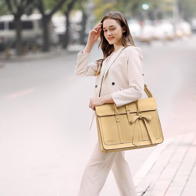 MOSISO Laptop Bag for Women, 15-15.6 inch PU Leather Laptop Shoulder Bags Convertible Backpack, 16 inch Messenger Bags Casual Handbag Work Briefcase Travel Computer Bag with Bowknot, Turmeric