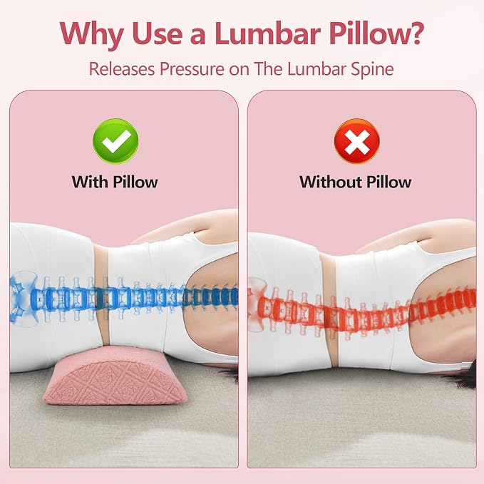 Cozyhealth - 3.15" H*23.6" L - Soft Lumbar Pillow for Sleeping, Memory Foam Back Lumbar Support Cushion for Lower Back Pain Relief Bed Waist Sleep Support Pillow for Side, Back Sleepers (Pink, Large)