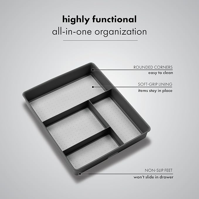 madesmart 4 Compartment Drawer Organizer, Multi Purpose Storage for Utensils, Office Tools, Cords, & Small Household Items, Tech Accessories, Arts & Crafts Supplies, Non Slip Lining, Granite