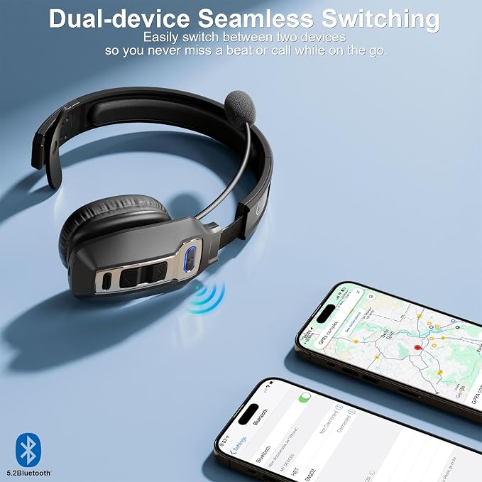 BRAMMAR Trucker Bluetooth Headset with AI Noise Cancellation Microphone, Trucker Headset with 65Hrs Talk Time & Mute Button, Multipoint Connection, Bluetooth Headsets Fit for Truck Drivers/Cell Phones