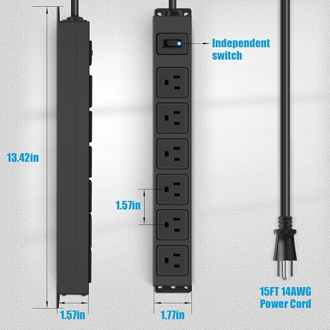 HHSOET Wall Mount Magnetic Power Strip, Under Desk 6 Outlet Mountable Socket, Metal Long Heavy Duty Surge Protector for Garage, Shop, Gaming Table Or Workspace, 15FT Extension Cord