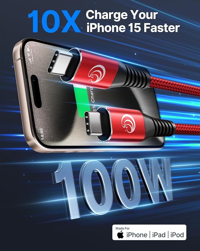 USBC to USBC 100W [10ft/2 Pack] USB C to USB C Fast Charging Cable Braided C to C Charger Cord 5A for MacBook Pro/Air, iPhone 16 15 Pro Max Plus,iPad Pro,Samsung Galaxy S24 Ultra S23,Pixel,PS5,Switch
