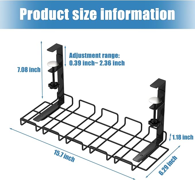 Under Desk Cable Management Tray, No Drill Steel Cord Organizer Kit with 52Pcs Different Essential Accessories for Home Office Standing Desk (15.7/13.4inch, Black)