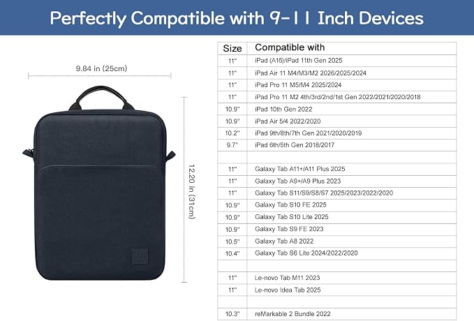 Dadanism 9-11 Inch Tablet Sleeve Bag Carrying Case with Shoulder Strap for iPad (A16) 11", iPad 10th Gen 10.9", iPad Air M4/Pro M5 11", iPad 9/8/7th 10.2", Galaxy Tab A11+ Plus 11", Dark Blue