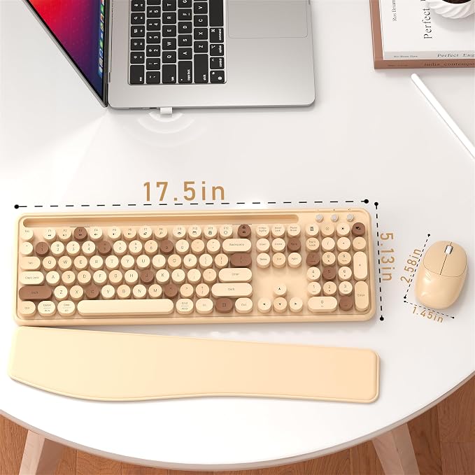 MPTOG Colorful Wireless Computer Keyboard and Mouse Combo with Phone Holder, Wrist Rest, Typewriter Keys, 2.4GHz Wireless, Full-Sized Optical Mouse for PC and Laptop (Milk Tea)
