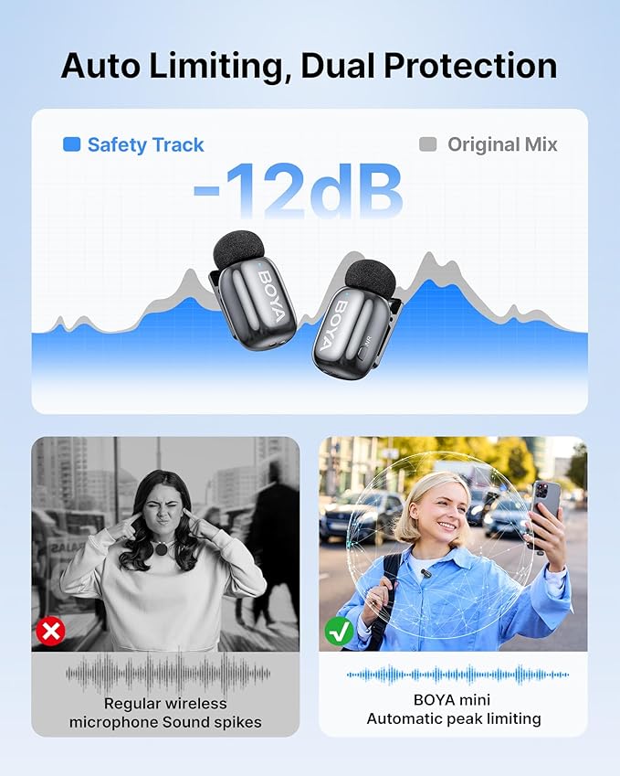 BOYA mini 2 Wireless Microphone for iPhone & Android, AI Noise Cancellation, App Control, Safety Track, 30H Battery Life with Charging Case, Lapel Microphone Wireless for Video Recording Podcast Vlog