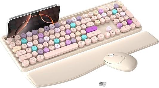 MPTOG Colorful Wireless Computer Keyboard and Mouse Combo with Phone Holder, Wrist Rest, Typewriter Keys, 2.4GHz Wireless, Full-Sized Optical Mouse for PC and Laptop (Khaki)