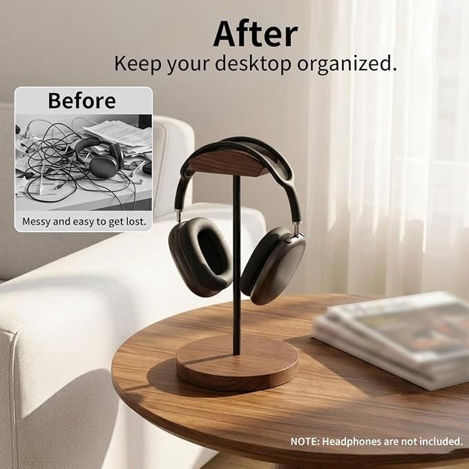 Headphone Holder Stand for Desk, Wood and Metal Headset Hanger Mount Hook Gaming Holder Desktop Earphone Artful Functional Craftsmanship Stand for All Headsets with Solid Wooden Base