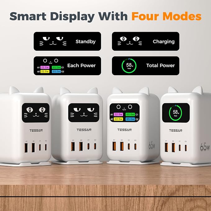 USB C Charger Block PD 65W, TESSAN Charging Station for Multiple Devices, Desktop Tower Charger with 4 USB Ports for iPhone 17/16/15, MacBook, Tablet, Office Home Dormroom