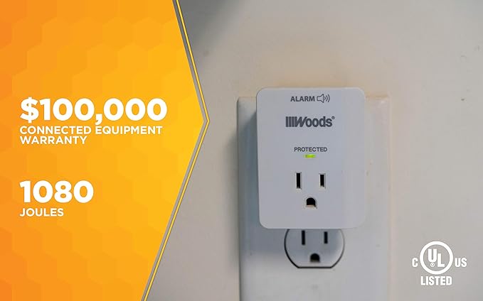 Southwire Woods Surge Protector - 1 Outlet - 1080J Appliance Surge Protection - LED Indicator Light and Alarm - Slim Space Saving Design - White - cULus Listed,(Pack of 6)