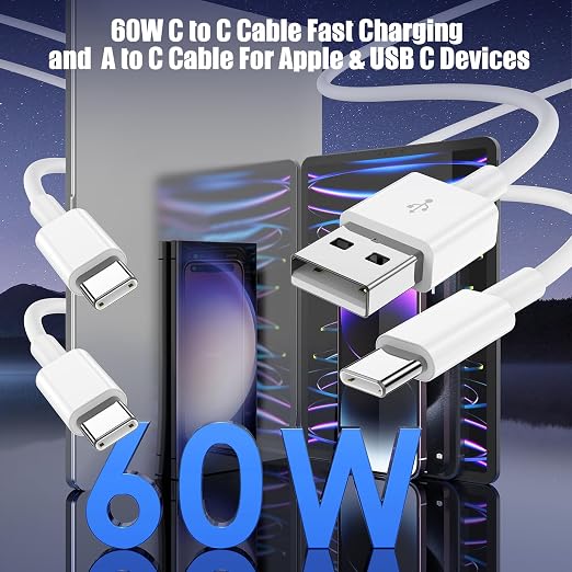 Car Carplay Cable for iPhone 17 16 15, 2-Pack 6FT 60W USB C to USB C Cable And 2-Pack 6FT USB A to USB C Cable for iPhone 17 16 15，for Galaxy S25 S24, for iPad Pro/Air, for MacBook Pro/Air and More