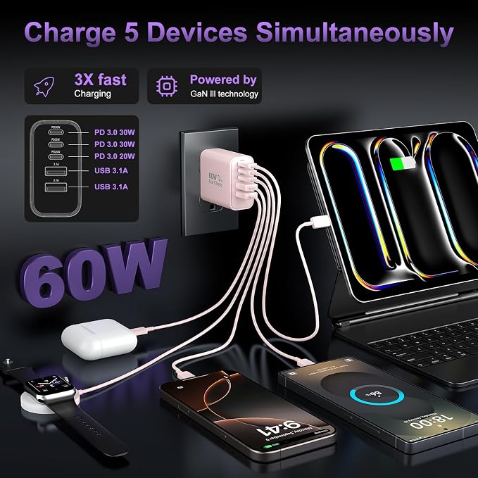 USB C Fast Wall Charger Block, 2Pack 60W USBC Charging Cubes, 5-Port PD+QC Power Adapter Multiport Brick Type C Box Plug for Phone 16/15/14/13/12/11/Pro Max/Plus, Pad Mini/Pro/S25/S24-Pink
