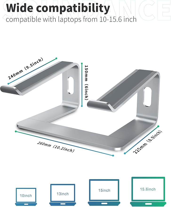 SOUNDANCE Laptop Stand, Aluminum Computer Riser, Ergonomic Laptops Elevator for Desk, Metal Holder Compatible with 10 to 15.6 Inches Notebook Computer, Silver