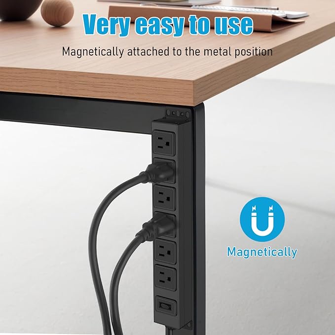 HHSOET Wall Mount Magnetic Power Strip, Under Desk 6 Outlet Mountable Socket, Metal Long Heavy Duty Surge Protector for Garage, Shop, Gaming Table Or Workspace, 10FT Extension Cord