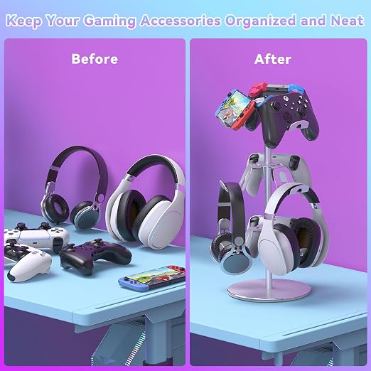 Controller Stand Compatible with Xbox PS5 PS4 Nintendo Switch Pro, 3 Tier Aluminum Gaming Headset Stand, Rotatable Headphone Controller Holder Organizer Rack, Universal & Large Capacity, Silver