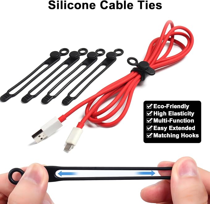 48Pcs Cord Organizer Kit, Reusable Elastic Silicone Cable Ties, Strong Adhesive Cable Clips for Cable Management, Multipurpose Wire Management for Bundling and Fastening Various Wires (Black）