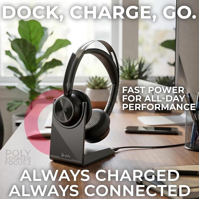 Plantronics Poly Voyager Focus 2 UC Bluetooth Headset with Charging Stand, USB-C/A Adapters, Connects to Teams, Zoom and Phone Calls on Laptops PC/Mac and Cellphones, Enhances Audio, GTW Cloth