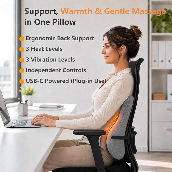 Lumbar Support Pillow with Heat and Vibration Massage for Lower Back Pain Relief & Comfort, Ergonomic Memory Foam Back Cushion with Adjustable Strap for Office Chair, Car Seat and Sofa, Grey