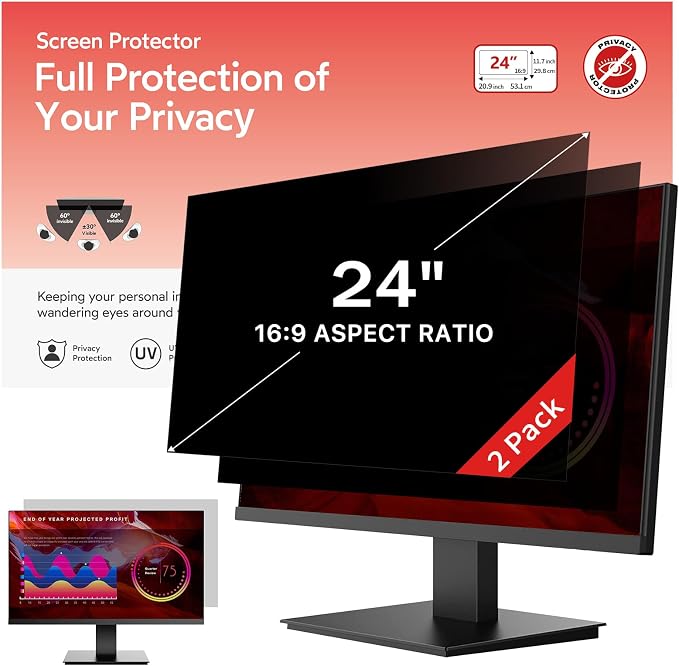 bersem 24 inch Removable Computer Privacy Screen Filter for 16:9 Ratio Monitor, Anti-Spy, Anti-Glare, Anti-Scratch, UV-Blocking