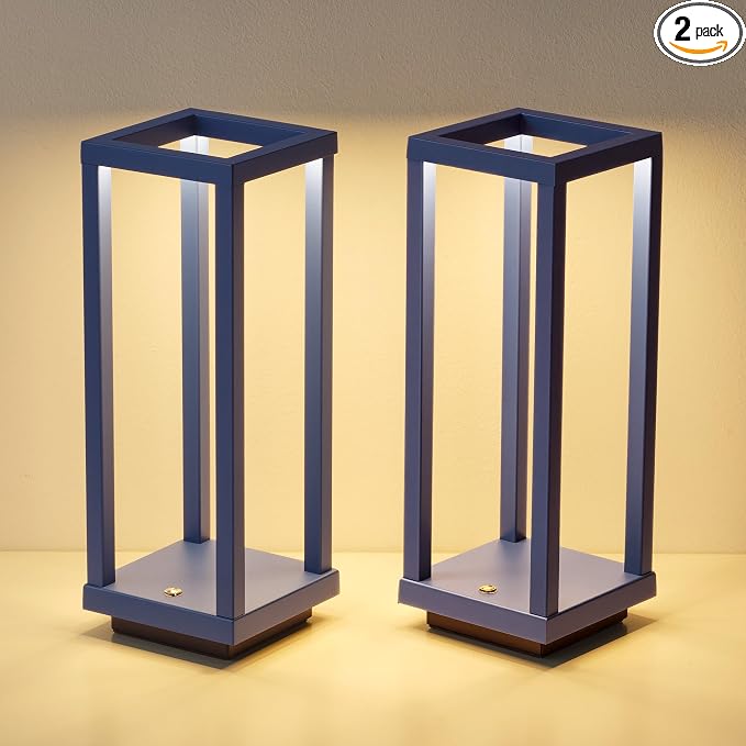 PUSU Cordless Waterproof Table Lamps Set of 2, Blue Outdoor Rechargeable 4000mAh Battery Operated Desk Lamp 2700K 3-Level Dimmable, Portable LED Lighting for Patio, Camping, Bedroom, Night Light