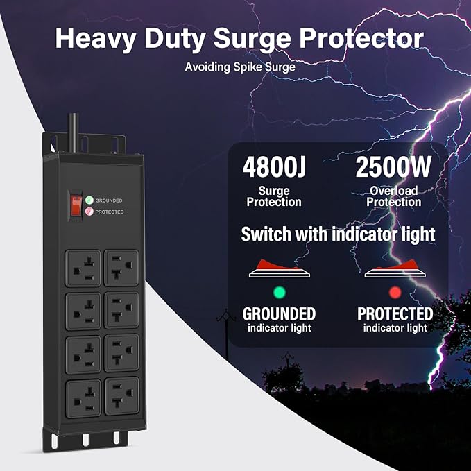 CCCEI Heavy Duty Power Strip Surge Protector 20 AMP Switch, 12 Gauge Extension Cord with Multiple Outlets, Industrial, Shop, Garage High Amp Wall Mount Electric Extender. 12FT, Black.