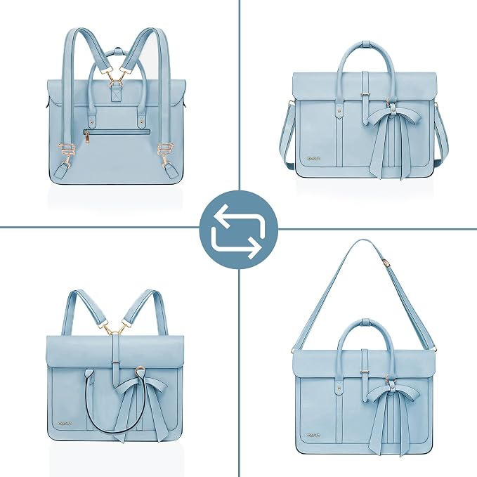 MOSISO Laptop Bag for Women, 15-15.6 inch PU Leather Laptop Shoulder Bags Convertible Backpack, 16 inch Messenger Bags Casual Handbag Work Briefcase Travel Computer Bag with Bowknot, Air Blue