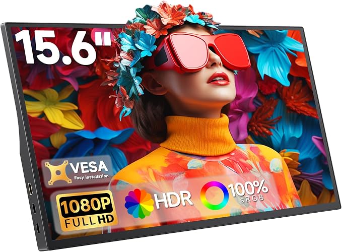 15.6" Portable Monitor 1080P FHD, 250 Nits Bright Screen USB-C HDMI with Kickstand & Dual Speakers, Travel Laptop Second Screen Extender for PC Phone PS5 Xbox Switch,Ultra Slim External Display