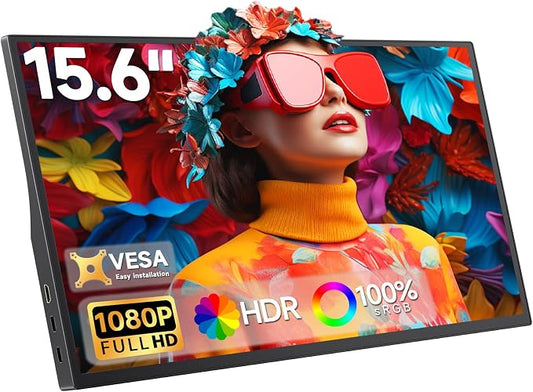 15.6" Portable Monitor 1080P FHD, 250 Nits Bright Screen USB-C HDMI with Kickstand & Dual Speakers, Travel Laptop Second Screen Extender for PC Phone PS5 Xbox Switch,Ultra Slim External Display