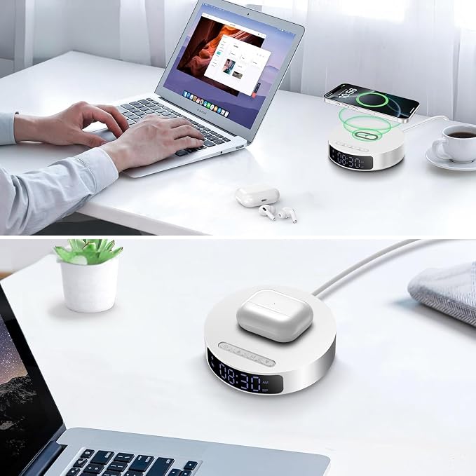 Fast Wireless Charger with Alarm Clock,20W Max Wireless Charging Pad Compatible with iPhone 17/17 Pro/16/15/14/13/12/SE;Wireless Charge Mat for Samsung Galaxy S25/S24/Note,Pixel/LG (White pad)