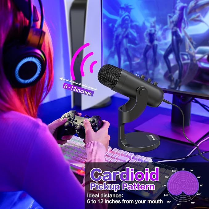 ZealSound Podcast Microphone for PC, Noise Cancellation USB Mic with Gain, Volume Adjustment & Mute Button, Monitoring & Echo, for YouTube, TikTok, Podcasting, Streaming, iPhone, iPad, Android, Mac