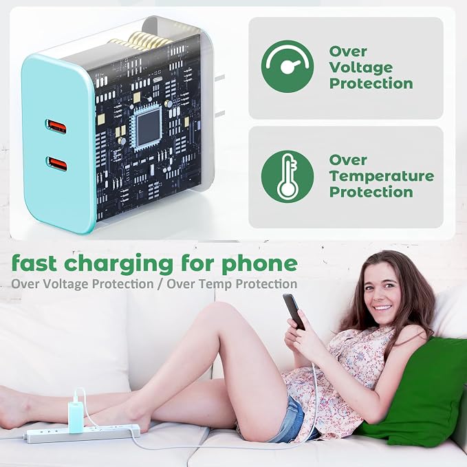 USB C Charger Block, 40W Dual Port Fast Charger 20W Type C Charging Block 3.1A USB Wall Charger Dual Port PD+QC Charging Cube for iPhone 15 16 14 13 12 11 Pro Max XS, iPad, Samsung Phone-Green