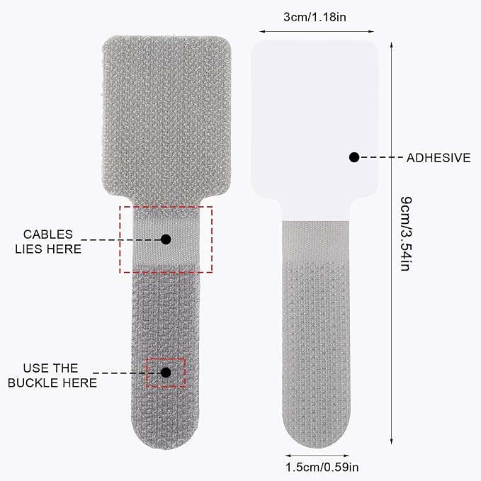100 Pcs Hook and Loop Cable Ties, Self Adhesive Cable Management Under Desk Cable Straps, Adjustable Cord Organizer for Desk Home Office Organization (Grey)
