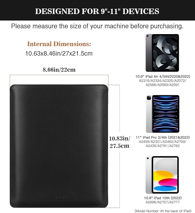 MoKo 9-11 Inch Tablet Sleeve, PU Leather Briefcase Slim Stylish Case Fits New 11-inch iPad Air M4 2026/iPad Pro M5, Air 5/4th 10.9, 10th Gen 10.9, 9/8. Gen 10.2, Tab S8/S9 11, Black
