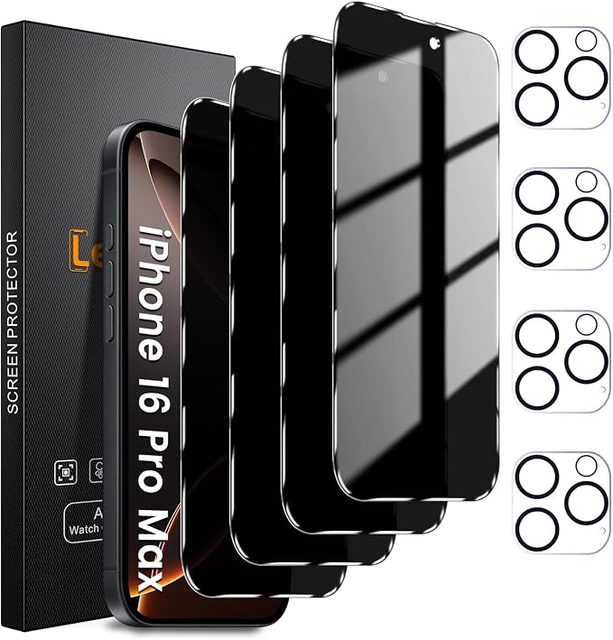 Lesakit 4+4 Pack Privacy Screen Protector for iPhone 16 Pro Max 6.9-Inch with 4 Pack Camera Lens Protector, Anti Spy Tempered Glass Film 9H Hardness Case Friendly