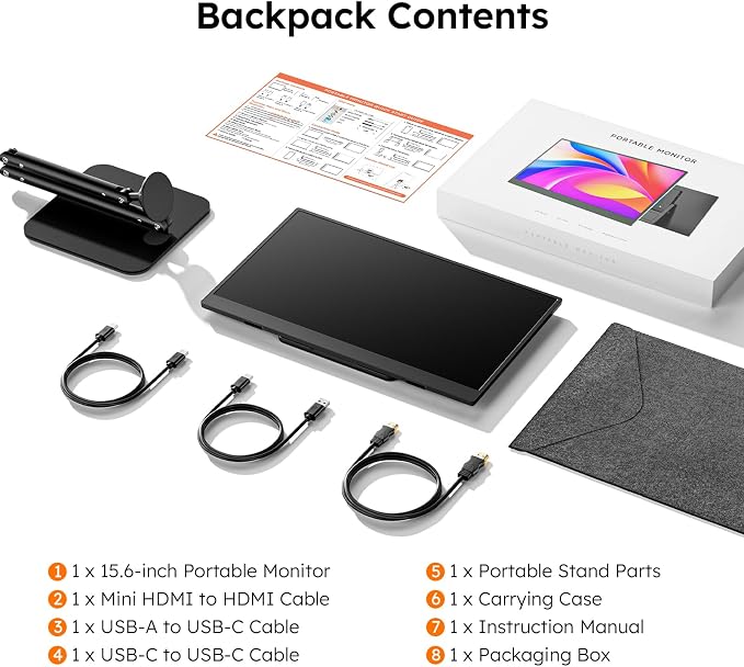 15.6" Portable Monitor, FHD 1080P IPS Travel Monitor for Laptop, Magnetic Foldable Stand & Protective Case Included, USB-C & Mini HDMI Screen Extender for Laptop Mac PC Phone Xbox PS4/5 Switch