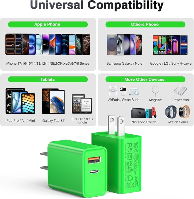 LCGENS 2-Pack USB C Wall Charger, 20W Type C Fast Charger Block Plug Dual Port PD + QC3.0 USB A Charging Brick Cube for iPhone 16/15/14, iPad,Galaxy S25/24, Google Pixel, Motorola,(Bright Green)