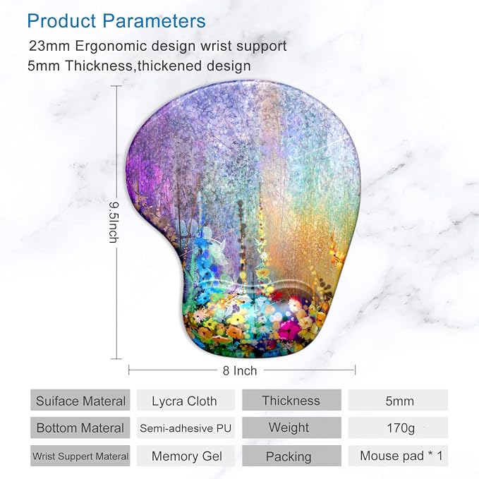 ITNRSIIET Ergonomic Mouse Pad with Gel Wrist Support Wrist Rest Smooth Surface Non-Slip PU Base Comfortable Office Supplies Pain Relief, 9.5 x 8 inches, Art Flower