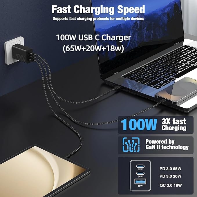 65W Super Fast Charging USB C for iPhone 17 16 Pro Max,3 Port 100W USB C Charger Block & 3/6/6/10FT Braided Type C Cord for iPhone 17 16 Pro,iPhone 15 ProMax,for Samsung S26 Ultra/MacBook Air-Orange